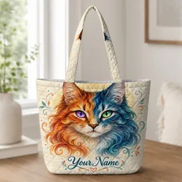 Split-Tone Orange and Blue Cat Face for Everyday Errands and Cat Mom Gifting Quilted Tote Bag