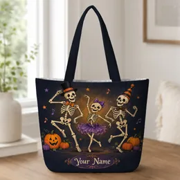 Dancing Skeletons and Pumpkins for Halloween Parties and Spooky Season Quilted Tote Bag