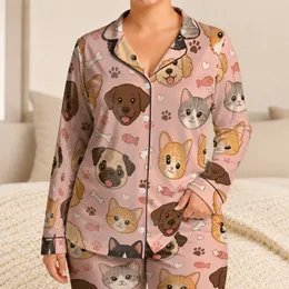 Cat And Dog Faces On Blush Pink For Cozy Gift Giving Women Satin Pajamas Set