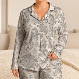 Ivory Gray Baroque Scroll Lounge Wear for Elegant Home Nights, Giftable Unisex Adults Satin Pajamas Set