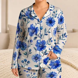Blue Watercolor Floral Resort Wear for Vacation, Beach Days, and Relaxed Women Satin Pajamas Set