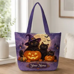 Black Cats And Jack-O-Lanterns Under A Witch Hat Moon For Halloween Cat Lovers Quilted Tote Bag