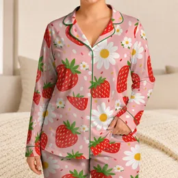 Strawberry And Daisy Blush Pink Resort Style For Summer Vacations And Cozy Evenings Satin Pajamas Set