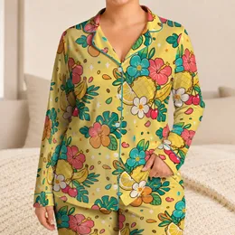 Tropical Fruit And Flower Summer Lounge Gift For Women, Lemon Yellow Cheerful Look Satin Pajamas Set