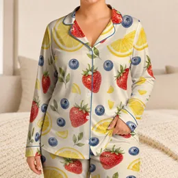 Watercolor Lemon Strawberry Blueberry Resort Loungewear For Warm Summer Nights Women Satin Pajamas Set