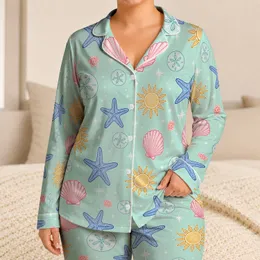 Mint Aqua Coastal Doodle Starfish Shells Sunbursts Summer Resort Getaway For Women Satin Pajamas Set