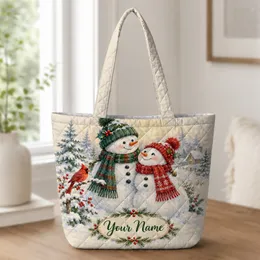 Snowman Couple and Red Cardinal for Cozy Christmas Winter Cheer Quilted Tote Bag