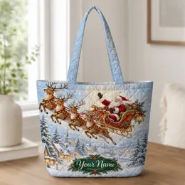 Santa Sleigh and Reindeer at a Snowy Village for Christmas Holiday Gifting for Her Quilted Tote Bag