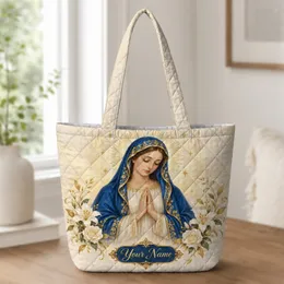 Virgin Mary Blue Gold Devotional Art for Prayer and Catholic Gifts Quilted Tote Bag