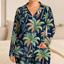 Navy Tropical Palm Leaf Resort Style For Women Beach Vacations And Relaxed Evenings Satin Pajamas Set
