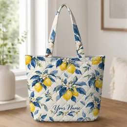 Watercolor Lemons and Blue Blossoms for Sunny Cottage Kitchen and Springtime Gifting Quilted Tote Bag