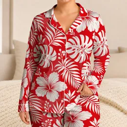 Red And White Hibiscus Tropical Botanical Resort Wear Holiday Gift For Women Vacation Satin Pajamas Set