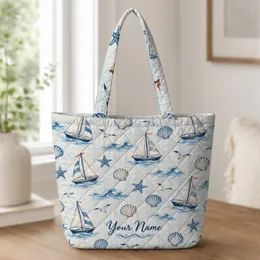 Nautical Sailboats, Ocean Waves and Seashells for Coastal Summer Days and Beach Lovers Quilted Tote Bag