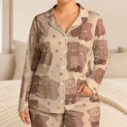 Morandi Teddy Bear Lounge Style For Cozy Nights At Home, Women Apricot Beige Charm Satin Pajamas Set