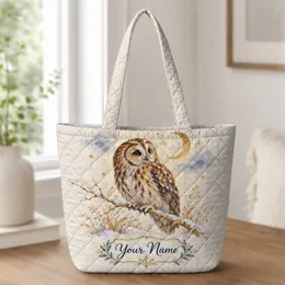 Owl Crescent Moon and Stars for Cozy Christmas Nights and Winter Gift Giving Women Quilted Tote Bag