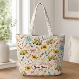 School Bus, Pencil & Sunflower Classroom Motifs for Back to School Teacher Gift Style Quilted Tote Bag