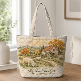 Autumn Cottage Sheep and Meadow Scene for Cozy Country Living Gifts Quilted Tote Bag
