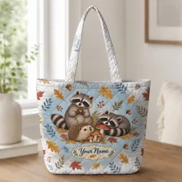 Woodland Raccoons, Hedgehog and Mushrooms for Cozy Autumn Forest Nature Lovers Quilted Tote Bag