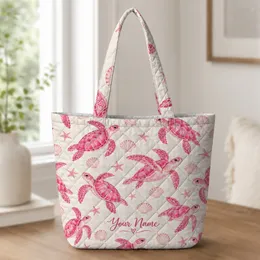 Pink Sea Turtle Coastal Ocean Motifs for Summer Beach Trips and Sea Life Lovers Gift Quilted Tote Bag