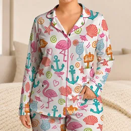 Coastal Flamingo Beach Holiday White Scattered Motifs For Summer Vacation Gifts Satin Pajamas Set