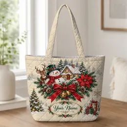 Snowman Poinsettia Christmas Keepsake For Festive Winter Gift Giving Quilted Tote Bag