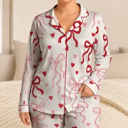 Cherry Red Bow Hearts Romantic Lounge Gift For Women All-Season Cozy Bedtime Comfort Satin Pajamas Set