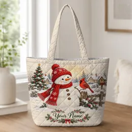 Snowman Cardinal Christmas Village Scene for Cozy Winter Holiday Gifting and Seasonal Style Quilted Tote Bag