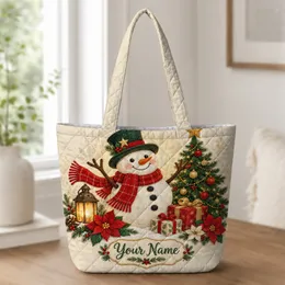 Cheerful Snowman, Christmas Tree And Poinsettias For Festive Winter Holiday Giving Quilted Tote Bag