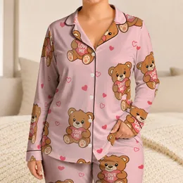 Cute Teddy Bear Love Heart Blush Pink Cozy Valentine's Day Gift for Couples at Home Satin Pajamas Set