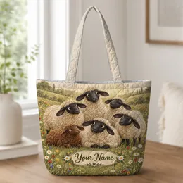 Six Woolly Sheep in a Wildflower Meadow for Cozy Farmhouse Living and Sheep Lovers Quilted Tote Bag