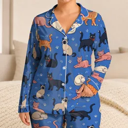 Hand Drawn Cat Family Cornflower Blue Cozy Bedtime Lounge For Relaxing At Home Gifts Satin Pajamas Set