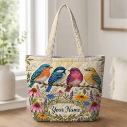 Colorful Garden Birds and Wildflowers for Cottagecore Laundry Day Gifts Quilted Tote Bag
