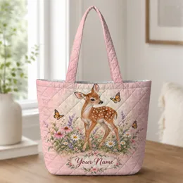 Woodland Fawn and Butterfly Meadow for Cottagecore Home Decor and Nature Lovers Gift Quilted Tote Bag