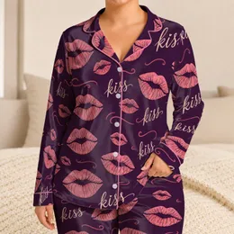 Pink Kiss Lips Romantic Lounge Apparel For Valentine's Day, Couples, Women And Gifting Satin Pajamas Set