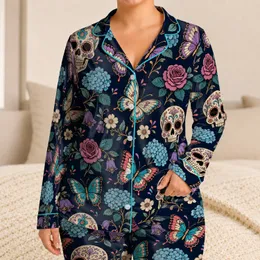 Midnight Navy Sugar Skull Butterfly Botanical Halloween Sleepwear Gift for Women Satin Pajamas Set