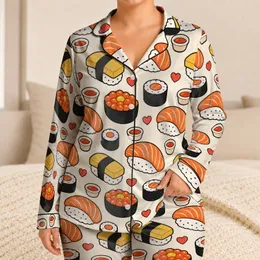 Cute Japanese Sushi Nigiri And Maki Motifs For Cozy Bedtime Lounging, Women And Foodies Satin Pajamas Set
