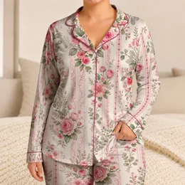 Pink Rose Stripe Floral Motif for Romantic Bedtime Lounging and Elegant Gift Giving Satin Pajamas Set