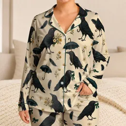Elegant Raven Umbrella Floral Night Scene for Cozy Bedtime Lounging, Women's Gift Idea Satin Pajamas Set