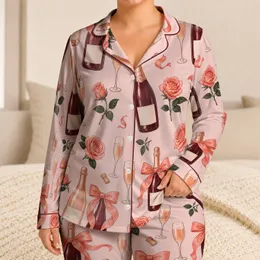 Champagne Bottles Coral Bows Blush Pink for Celebrations and Romantic Lounging Women Satin Pajamas Set