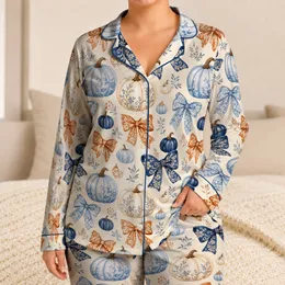 Bow Pumpkin Autumn Motif For Cozy Fall Lounging And Seasonal Gifting For Women At Home Satin Pajamas Set