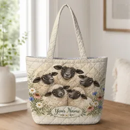 Five Cream Sheep and Meadow Wildflowers for Cottagecore Farm Days and Her Quilted Tote Bag