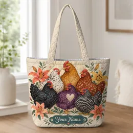 Colorful Hen and Lily Garden Farmhouse Cottagecore Gift for Chicken Lovers Quilted Tote Bag
