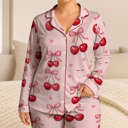 Cherry Bow Fruit Motif for Romantic Lounging and Cozy Bedtime Style for Women, Girls Satin Pajamas Set