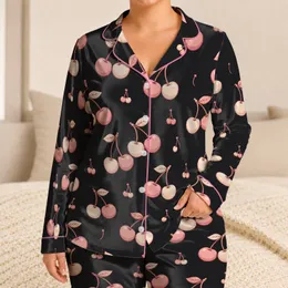 Blush Cherry Pair Motifs for Cozy Bedtime Lounging, Elegant Women's Home Comfort Satin Pajamas Set