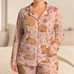 Capybara Peach Flowers for Cozy Summer Lounging Girls Kids Birthday Celebration Gift Satin Pajamas Set