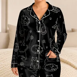 Black Cat Line Art Cozy Lounge Set For Sleepovers, Holidays, And Everyday Comfort Gift Satin Pajamas Set