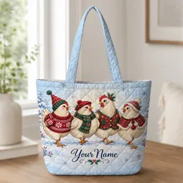 Festive Christmas Hens in Santa Hats for Winter Farm Holiday Cheer Quilted Tote Bag