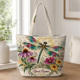 Teal and Gold Dragonfly with Wildflowers for Garden Days and Nature Lovers Gift Idea Quilted Tote Bag