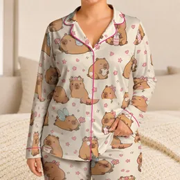 Cute Capybara Fairy Tea Party Lounge Gift For Women And Girls, Cozy Home Comfort Satin Pajamas Set