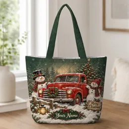 Red Vintage Christmas Truck and Snowmen for Farmhouse Holiday Gifting and Winter Cheer Quilted Tote Bag